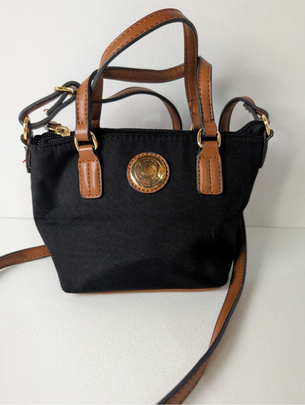Tommy Hilfiger Mini Crossbody Shopper Bag Black Nylon Brown Leather Trim...